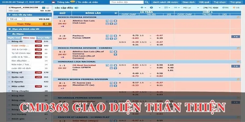 Sảnh thể thao EV88 CMD368 với giao diện thân thiện